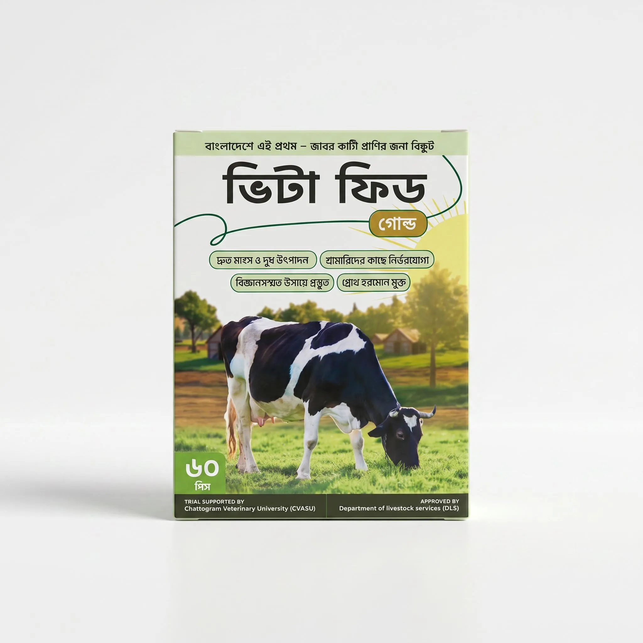 Vita Feed Gold — Bangladesh's daily cattle feed supplement — pressed, ready to feed.